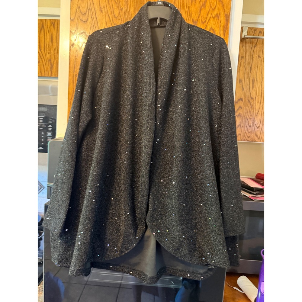 Black Shimmer Sequin Open Front Cardigan‎ Shawl Collar Metallic Party Wrap Small